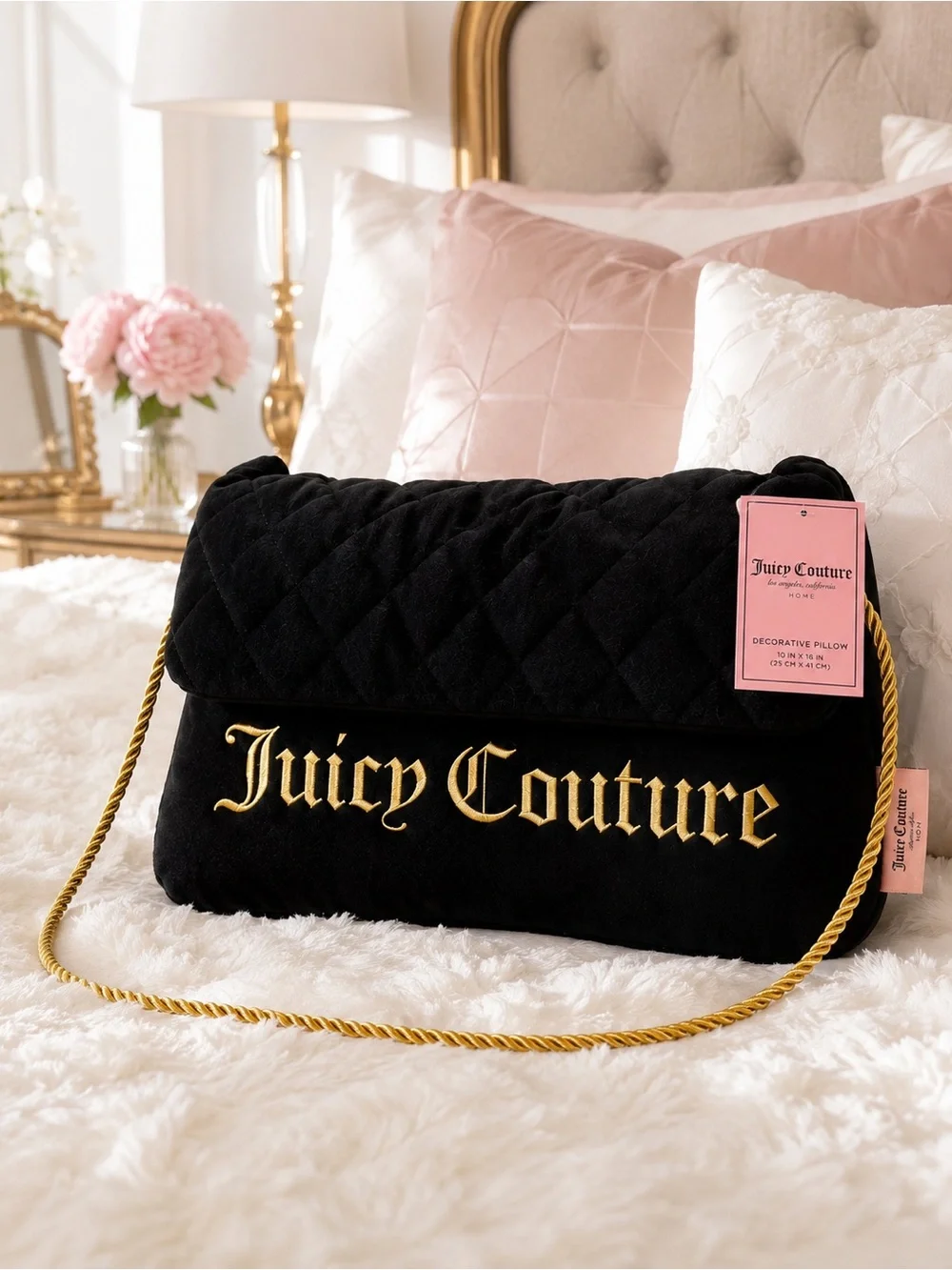 Juicy Couture Home Black Purse Decorative Pillow Gold Logo NWT 10x16